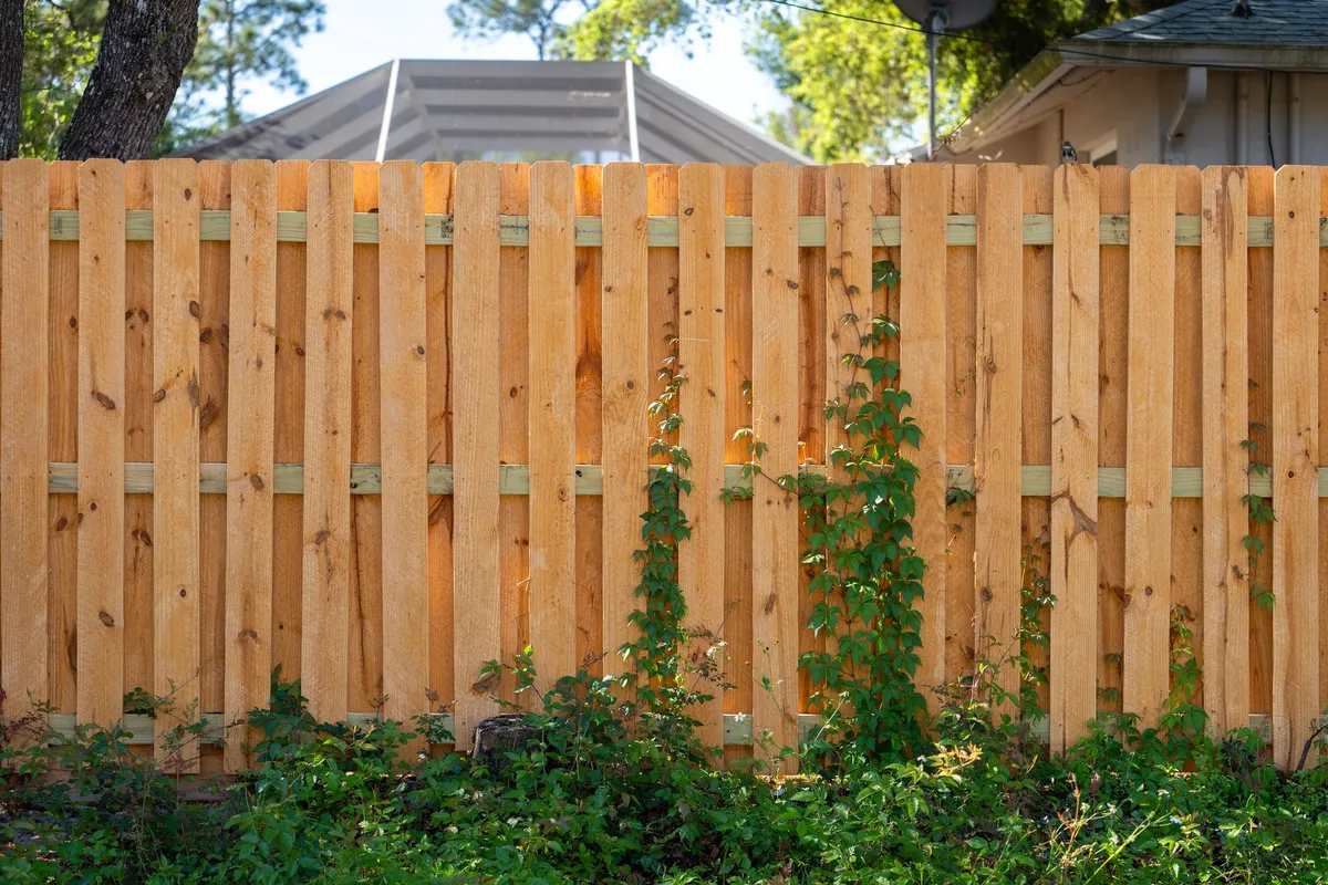 A wooden picket fence surrounds a green lawn, providing privacy and protection for a backyard.
